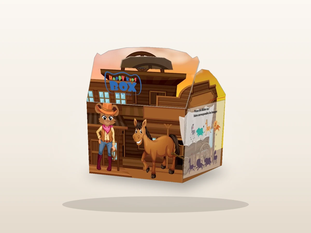 Die originale Happy Kids Box mit kindgerechtem Motiv, lebensmittelechtem Qualitätskarton und Tragegriff