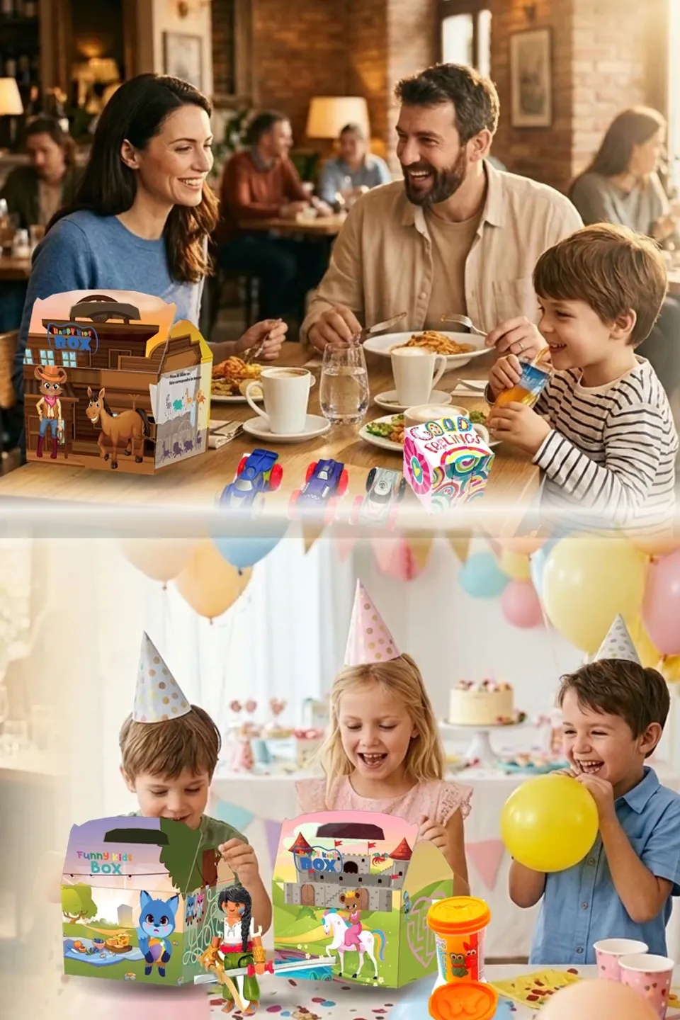 Oben: Familien-Restaurant mit Happy Kids Box · Unten: Feiern & Events mit unseren Boxen und Premium-Spielzeugen