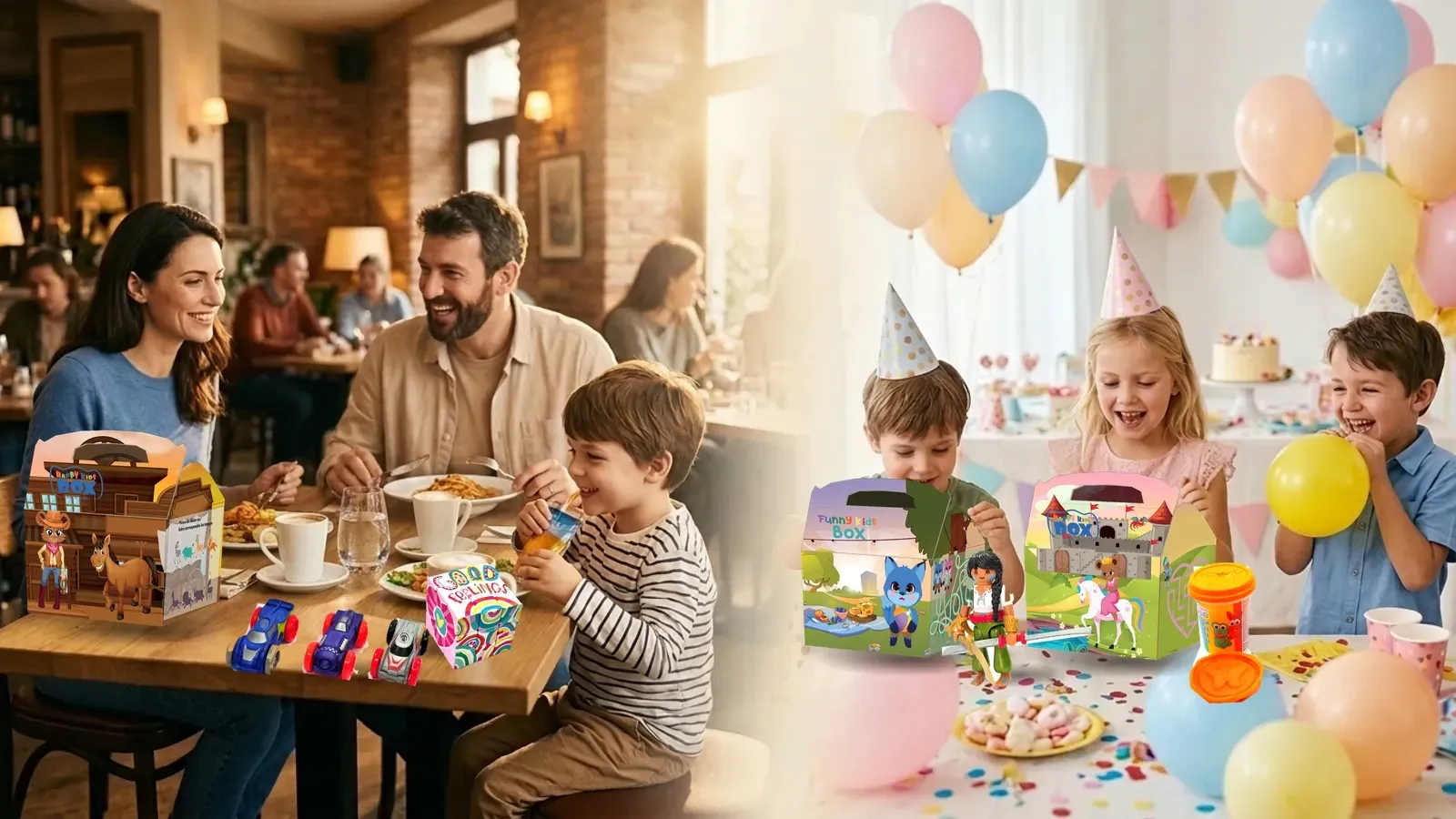 Familie im warm beleuchteten Restaurant am Tisch und Kindergeburtstag mit den originalen Happy Kids Boxen, Capri-Sun und Premium-Spielzeugen