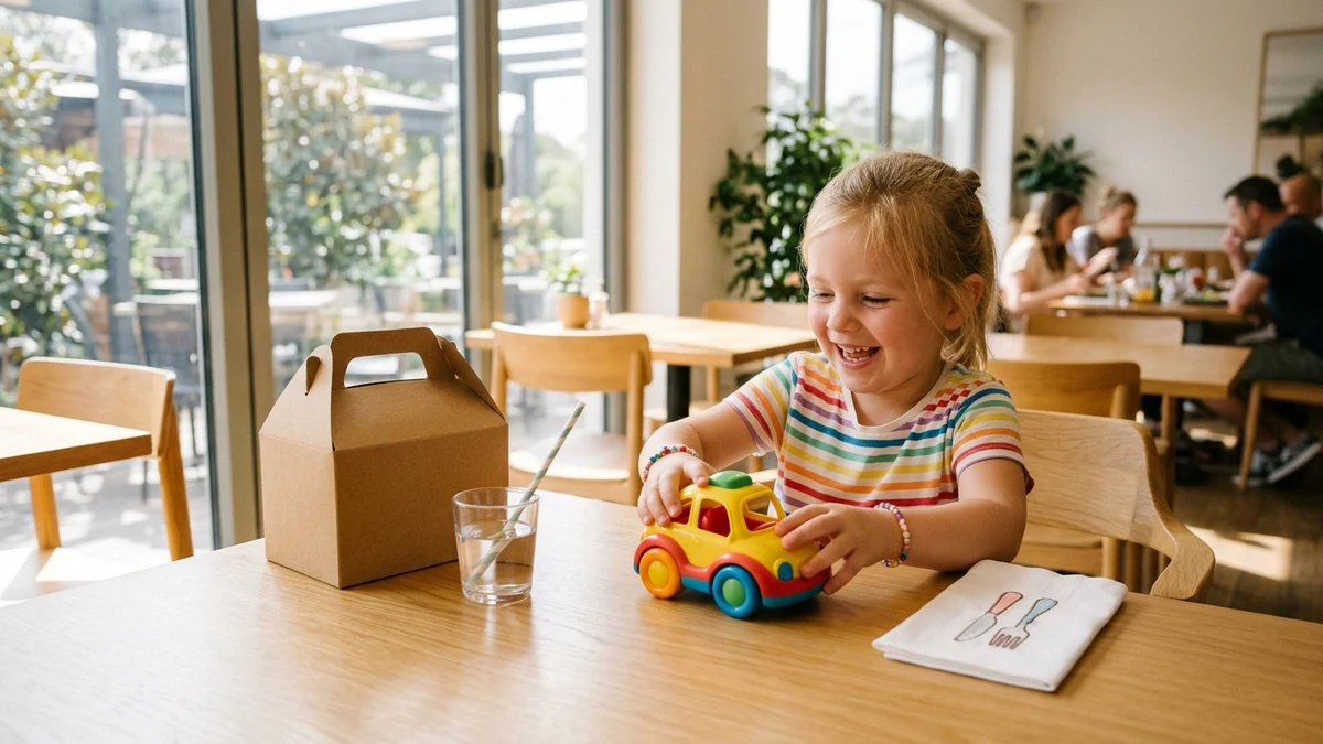 Hygienisches Spielen am Restauranttisch mit schadstoffgeprüftem Qualitäts-Kunststoffspielzeug neben der Happy Kids Box
